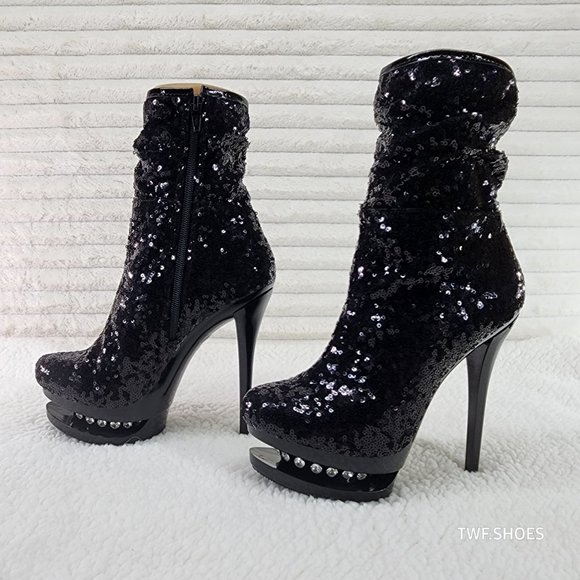 Pleaser Shoes - Pleaser Sexy Black Sequin High Heel Slouch Ankle Boots Blondie 1009